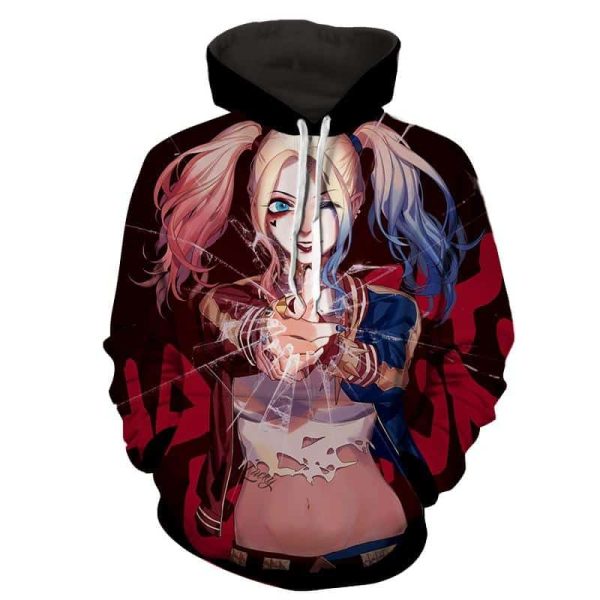 Harley Quinn 3D Hoodie All Over Printed, DC Comics, Harley Quinn Cracked Glass Suicide Squad