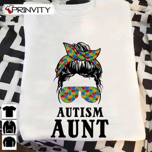 Autism Aunt Messy Bun Autism Awareness Auntie Support Family T Shirt Unisex Hoodie Sweatshirt Long Sleeve Tank Top 2