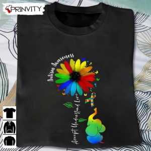 Elephant Autism Awareness Accept Understand Love Sunflower T-Shirt, Unisex Hoodie, Sweatshirt, Long Sleeve, Tank Top