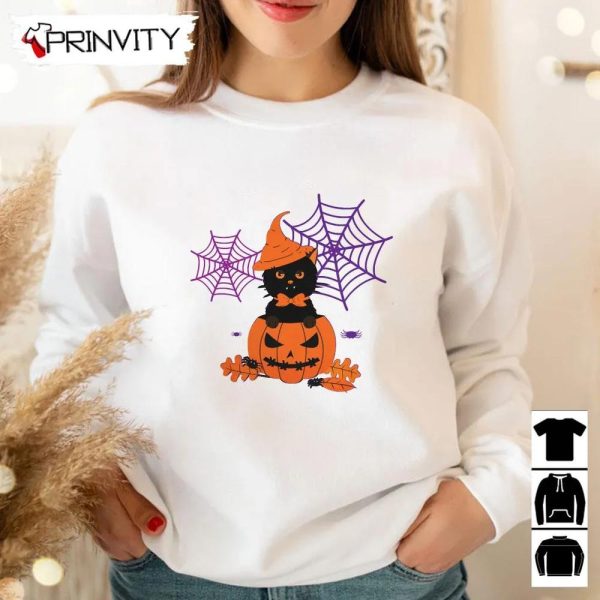 Black Cat in The Pumpkin Halloween T-Shirt, Gift For Halloween, Halloween Holiday, Unisex Hoodie, Sweatshirt, Long Sleeve, Tank Top – Prinvity
