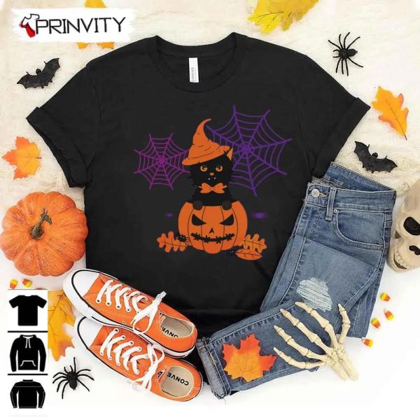 Black Cat in The Pumpkin Halloween T-Shirt, Gift For Halloween, Halloween Holiday, Unisex Hoodie, Sweatshirt, Long Sleeve, Tank Top – Prinvity