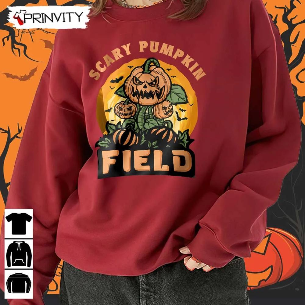 Halloween Pumpkin Scary Field Sweatshirt, Gift For Halloween, Halloween Holiday, Unisex Hoodie, T-Shirt, Long Sleeve, Tank Top – Prinvity