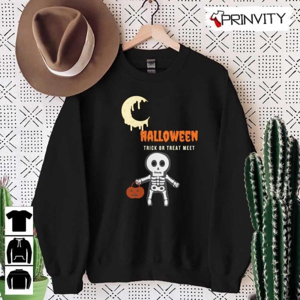 Halloween Pumpkin Trick Or Treat Meet Skeleton Sweatshirt, Gift For Halloween, Halloween Holiday, Unisex Hoodie, T-Shirt, Long Sleeve, Tank Top – Prinvity