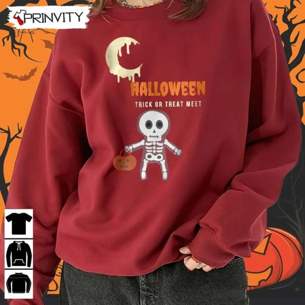 Halloween Pumpkin Trick Or Treat Meet Skeleton Sweatshirt, Gift For Halloween, Halloween Holiday, Unisex Hoodie, T-Shirt, Long Sleeve, Tank Top – Prinvity