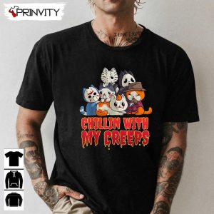 Horror Movies Funny Cat Serial Killer Chillin With My Creeps T-Shirt, Best Gift For Halloween, Unisex For Men & Woman Hoodie, Sweatshirt, Long Sleeve, Tank Top