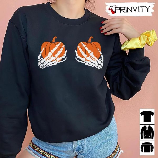 Pumpkin Skeleton Hands T-Shirt, Halloween Pumpkin, Gift For Halloween, Halloween Holiday, Unisex Hoodie, Sweatshirt, Long Sleeve, Tank Top – Prinvity