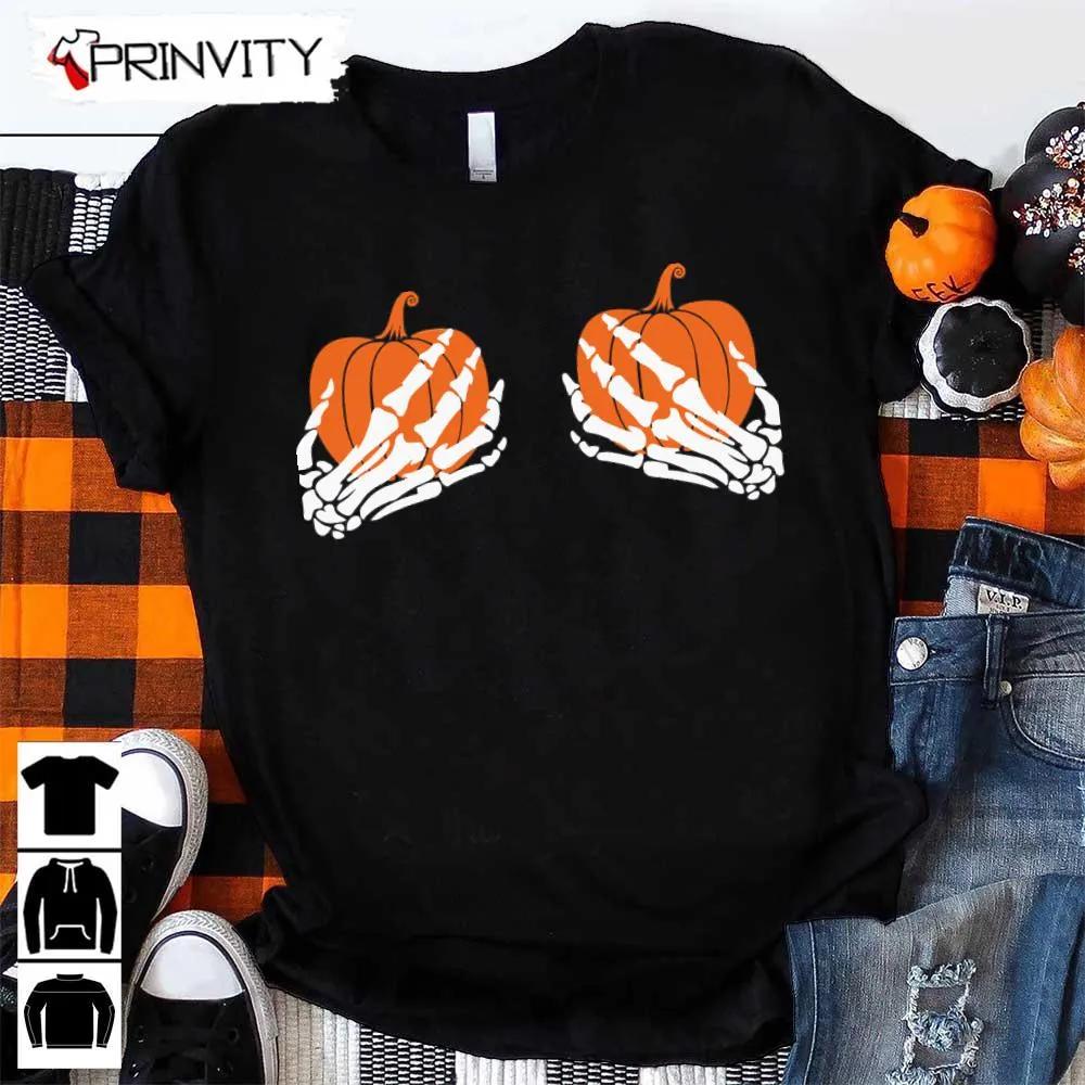 Pumpkin Skeleton Hands T-Shirt, Halloween Pumpkin, Gift For Halloween, Halloween Holiday, Unisex Hoodie, Sweatshirt, Long Sleeve, Tank Top – Prinvity