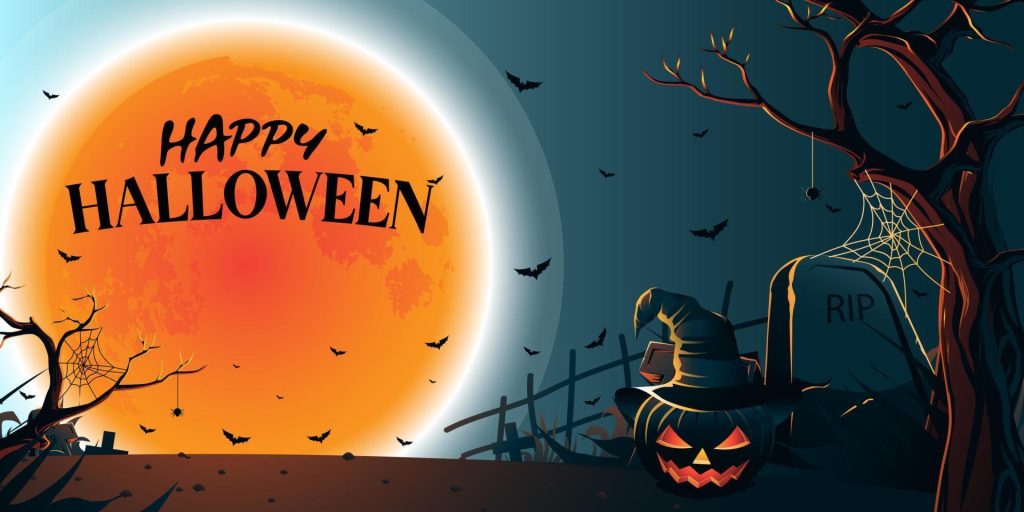 Happy Halloween Pumpkin Banner With Spooky Pumpkin Against moonlit sky free vector