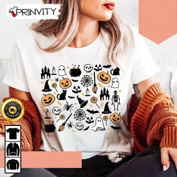 Halloween Pumpkin Ghost Skull Black Cat Cute Fall T-Shirt, Happy Halloween Holiday, Gift For Halloween, Unisex Hoodie, Sweatshirt, Long Sleeve – Prinvity