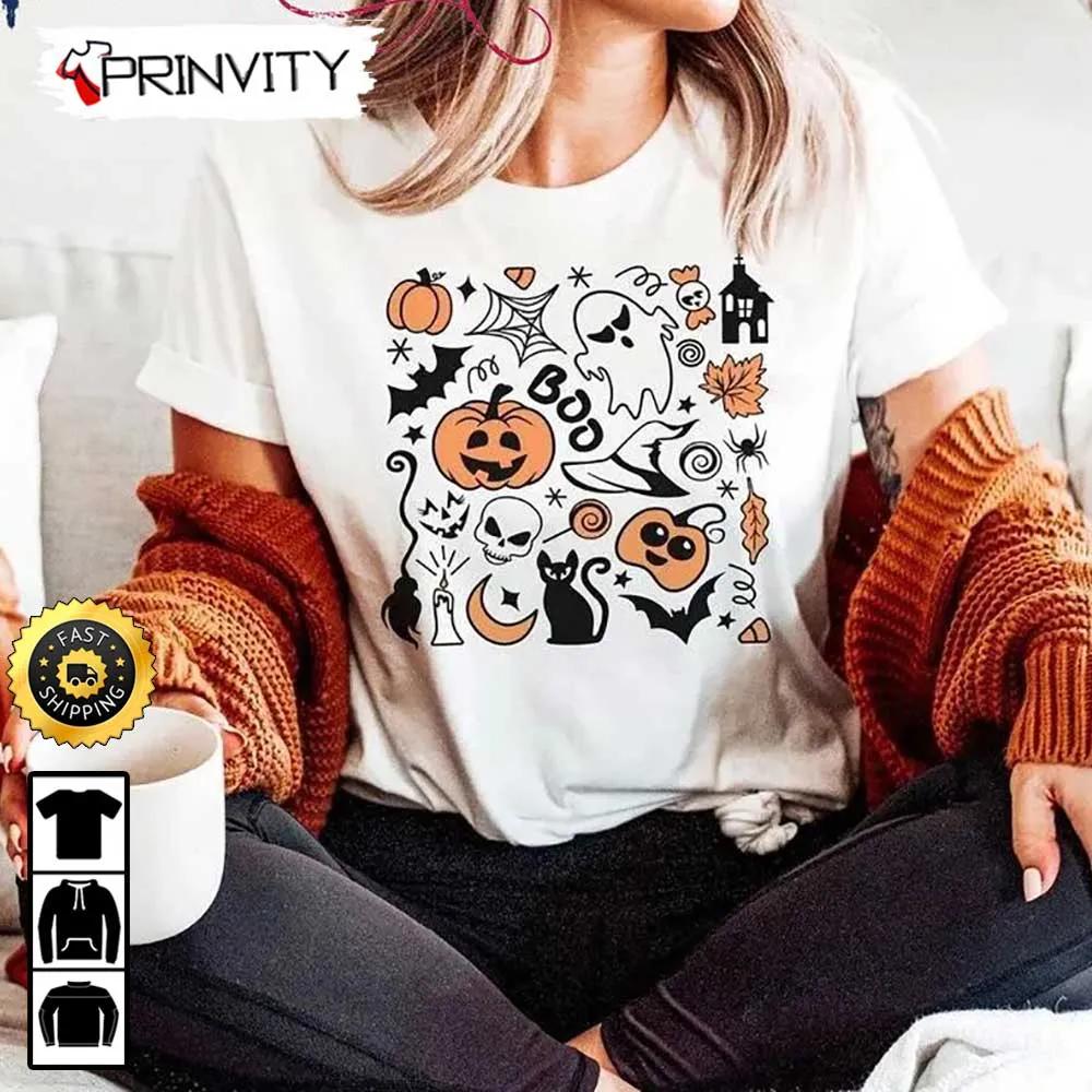 Halloween Pumpkin Ghost Skull Black Cat Sweatshirt, Happy Halloween Holiday, Gift For Halloween, Unisex Hoodie, T-Shirt, Long Sleeve - Prinvity