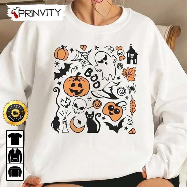 Halloween Pumpkin Ghost Skull Black Cat Sweatshirt, Happy Halloween Holiday, Gift For Halloween, Unisex Hoodie, T-Shirt, Long Sleeve – Prinvity