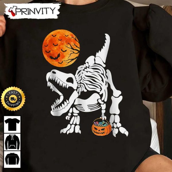 Halloween Pumpkin Skeleton T-Rex Dinosaur Moon Bats Sweatshirt, Happy Halloween Holiday, Gift For Halloween, Unisex Hoodie, T-Shirt, Long Sleeve – Prinvity