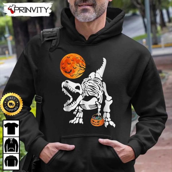 Halloween Pumpkin Skeleton T-Rex Dinosaur Moon Bats Sweatshirt, Happy Halloween Holiday, Gift For Halloween, Unisex Hoodie, T-Shirt, Long Sleeve – Prinvity