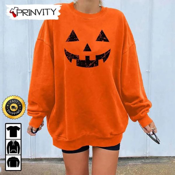 Halloween Pumpkin Smile Funny Sweatshirt, Happy Halloween Holiday, Gift For Halloween, Unisex Hoodie, T-Shirt, Long Sleeve – Prinvity