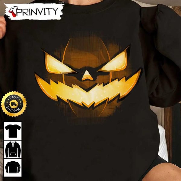 Pumpkin Face Scary Sweatshirt, Happy Halloween Holiday, Gift For Halloween, Unisex Hoodie, T-Shirt, Long Sleeve – Prinvity