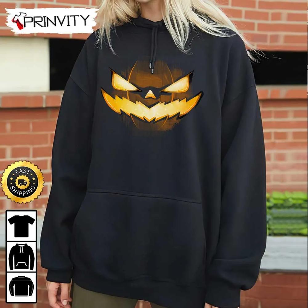 Pumpkin Face Scary Sweatshirt, Happy Halloween Holiday, Gift For Halloween, Unisex Hoodie, T-Shirt, Long Sleeve - Prinvity