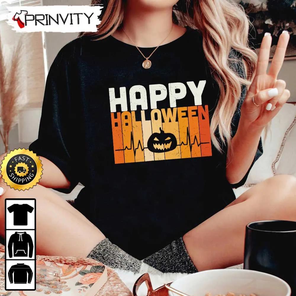Happy Halloween Pumpkin Heartbeat Sweatshirt, Happy Halloween Holiday, Gift For Halloween, Unisex Hoodie, T-Shirt, Long Sleeve - Prinvity