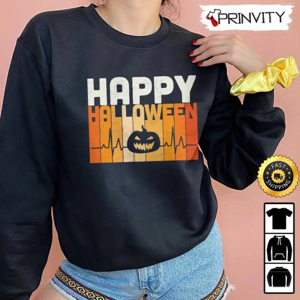 Happy Halloween Pumpkin Heartbeat Sweatshirt, Happy Halloween Holiday, Gift For Halloween, Unisex Hoodie, T-Shirt, Long Sleeve – Prinvity