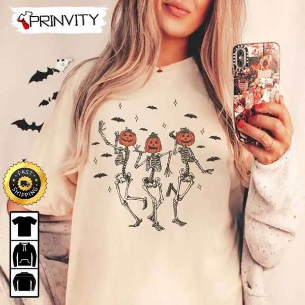 Skeleton Pumpkin Dancing Spooky Season Fall Themed Halloween Sweatshirt, Happy Halloween, Gift For Holiday, Unisex Hoodie, T-Shirt, Long Sleeve, Tank Top