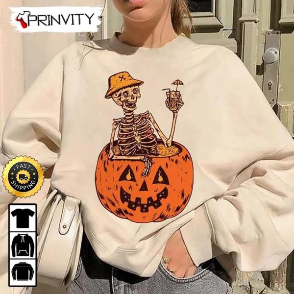Skeleton Pumpkin Summer Sweatshirt, Happy Halloween, Gift For Holiday, Unisex Hoodie, T-Shirt, Long Sleeve, Tank Top
