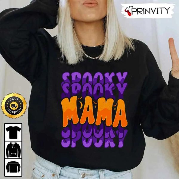 Spooky Mama Typography Halloween Sweatshirt, Gifts For Halloween, Halloween Holiday, Unisex Hoodie, T-Shirt, Long Sleeve, Tank Top – Prinvity