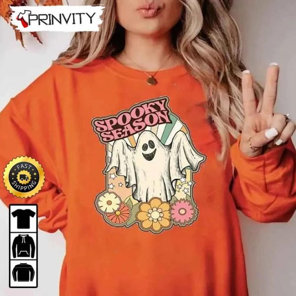 Spooky Season Floral Ghost Halloween Sweatshirt, Gifts For Halloween, Halloween Holiday, Unisex Hoodie, T-Shirt, Long Sleeve, Tank Top – Prinvity