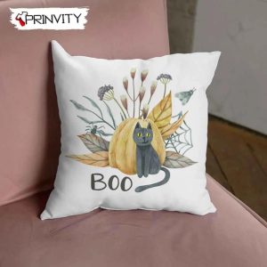 Black Cat Boo Halloween Pumpkin Pillow, Boo Crew, Ghost, Spooky Season, Home Decor, Gift For Halloween, Size 14”x14”, 16”x16”, 18”x18”, 20”x20” – Prinvity