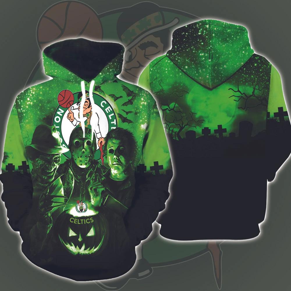 Boston Celtics Horror Movies Halloween 3D Hoodie All Over Printed, NBA, National Basketball Association, Michael Myers, Jason Voorhees, Freddy Krueger, Gift For Halloween - Prinvity