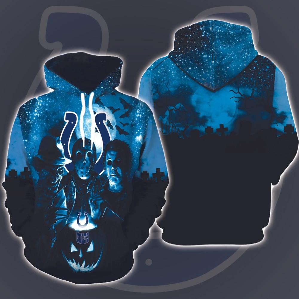 Indianapolis Colts Horror Movies Halloween 3D Hoodie All Over Printed, MLB, Major League Baseball, Michael Myers, Jason Voorhees, Freddy Krueger, Gift For Halloween - Prinvity