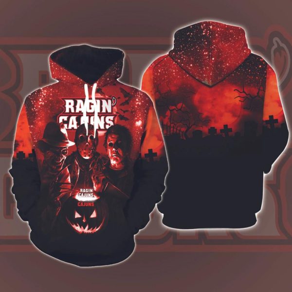 Louisiana Ragin Cajuns Horror Movies Halloween 3D Hoodie All Over Printed, FBS, Football Bowl Subdivision, NCAA, Michael Myers, Jason Voorhees – Prinvity