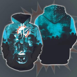 Miami Dolphins Horror Movies Halloween 3D Hoodie All Over Printed, National Football League, Michael Myers, Jason Voorhees, Freddy Krueger, Gift For Halloween - Prinvity