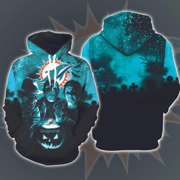 Miami Dolphins Horror Movies Halloween 3D Hoodie All Over Printed, National Football League, Michael Myers, Jason Voorhees, Freddy Krueger, Gift For Halloween – Prinvity