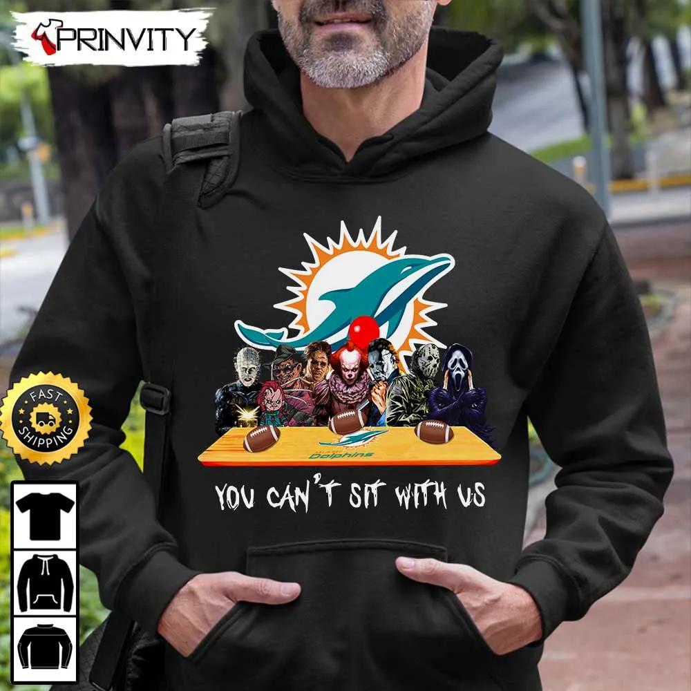Miami Dolphins Horror Movies Halloween Sweatshirt, You Can't Sit With Us, Gift For Halloween, National Football League, Unisex Hoodie, T-Shirt, Long Sleeve - Prinvity