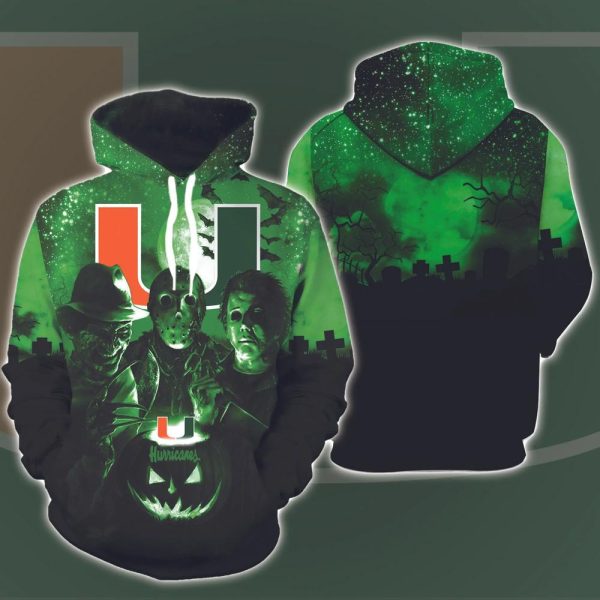 Miami Hurricanes Horror Movies Halloween 3D Hoodie All Over Printed, FBS, Football Bowl Subdivision, NCAA, Michael Myers, Jason Voorhees – Prinvity