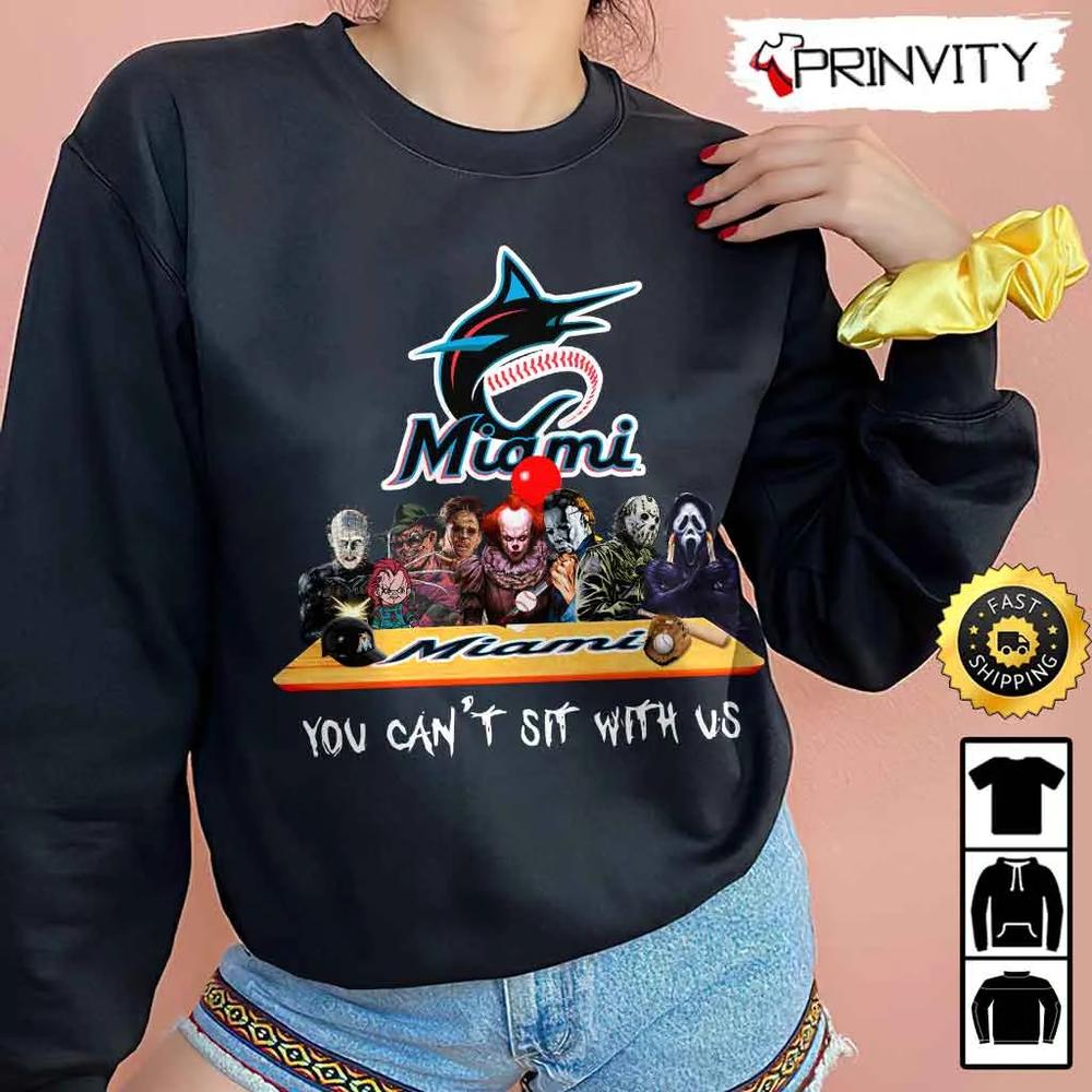 Miami Marlins Horror Movies Halloween Sweatshirt, You Can't Sit With Us, Gift For Halloween, Major League Baseball, Unisex Hoodie, T-Shirt, Long Sleeve - Prinvity