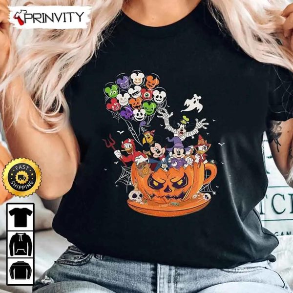 Mickey And Friends Disney Teacup Halloween Pumpkin Balloon Sweatshirt, Walt Disney, Gift For Halloween, Unisex Hoodie, T-Shirt, Long Sleeve – Prinvity