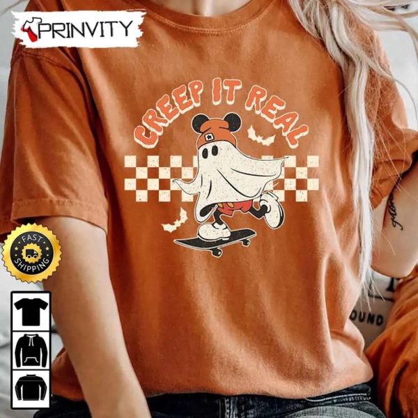 Mickey Ghost Skateboarding Creep It Real Disney Sweatshirt, Walt Disney, Gift For Halloween, Unisex Hoodie, T-Shirt, Long Sleeve – Prinvity