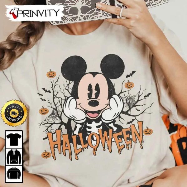 Mickey Mouse Skeleton Disney Characters Halloween Pumpkin Sweatshirt, Walt Disney, Gift For Halloween, Unisex Hoodie, T-Shirt, Long Sleeve – Prinvity