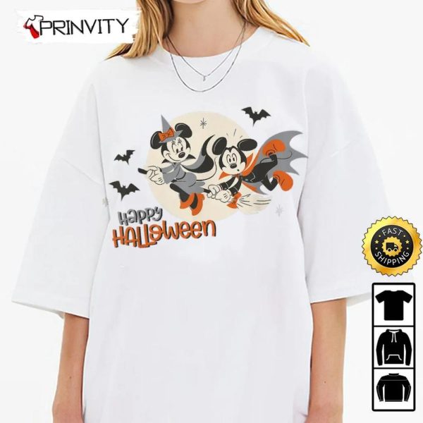 Minnie And Mickey Happy Halloween Flying Sweatshirt, Walt Disney, Gift For Halloween, Unisex Hoodie, T-Shirt, Long Sleeve – Prinvity
