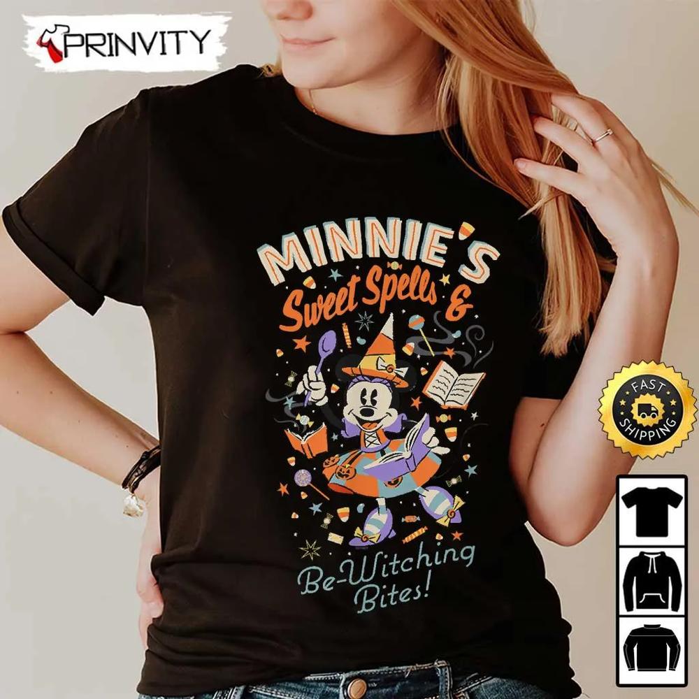 Minnie’s Sweet Spells & Be-Witching Bites Halloween Sweatshirt, Walt Disney, Gift For Halloween, Unisex Hoodie, T-Shirt, Long Sleeve - Prinvity