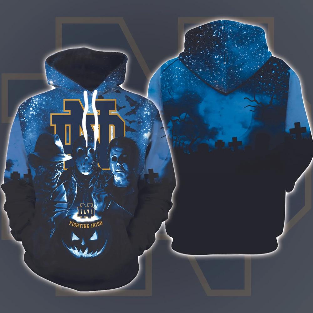 Notre Dame Fighting Irish Horror Movies Halloween 3D Hoodie All Over Printed, FBS, Football Bowl Subdivision, NCAA, Michael Myers, Jason Voorhees - Prinvity