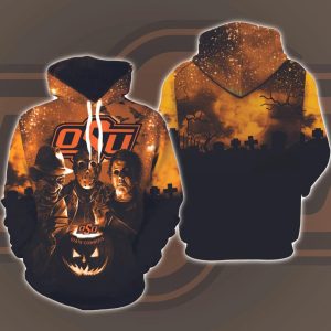 Oklahoma State Cowboys Horror Movies Halloween 3D Hoodie All Over Printed, FBS, Football Bowl Subdivision, NCAA, Michael Myers, Jason Voorhees - Prinvity