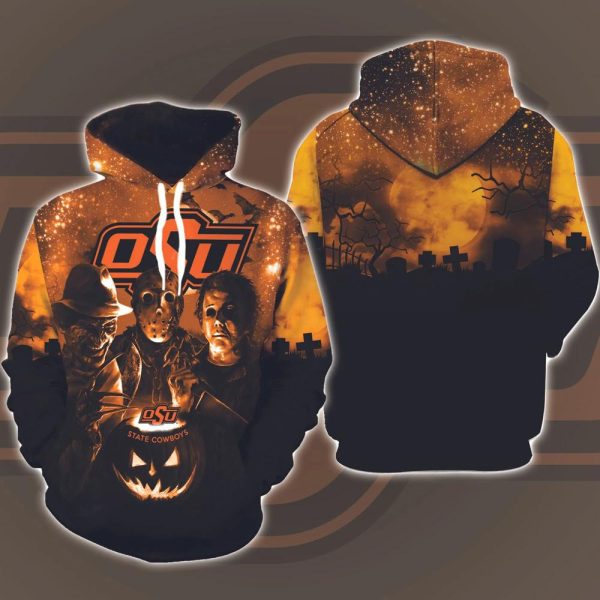 Oklahoma State Cowboys Horror Movies Halloween 3D Hoodie All Over Printed, FBS, Football Bowl Subdivision, NCAA, Michael Myers, Jason Voorhees – Prinvity