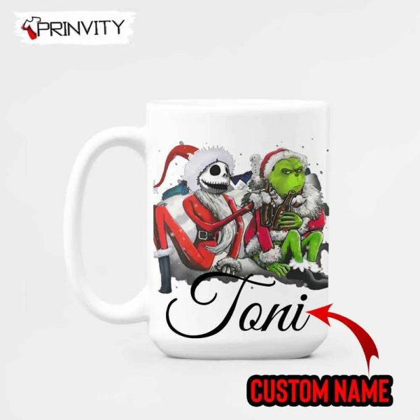 Personalization Christmas Grinch And Jack Coffee Mugs, Custom Name White Mugs Size 11oz & 15oz, Merry Grinch Mas, Best Christmas Gifts For 2022, Happy Holidays – Prinvity