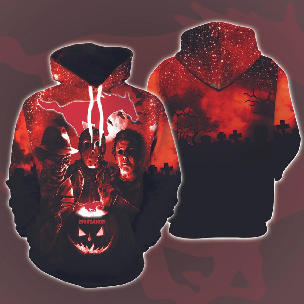 Smu Mustangs Horror Movies Halloween 3D Hoodie All Over Printed, FBS, Football Bowl Subdivision, NCAA, Michael Myers, Jason Voorhees - Prinvity