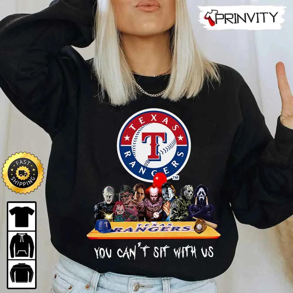 Texas Rangers Horror Movies Halloween Sweatshirt, You Can't Sit With Us, Gift For Halloween, Major League Baseball, Unisex Hoodie, T-Shirt, Long Sleeve - Prinvity