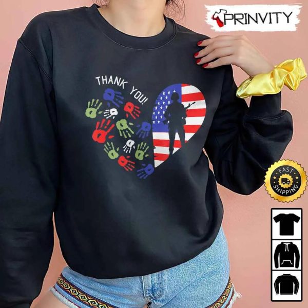 Thank You Veterans Day American Flag Heart Military Army Hoodie, 4Th Of July, Thank You For Your Service Patriotic Veterans Day, Unisex Sweatshirt, T-Shirt – Prinvity