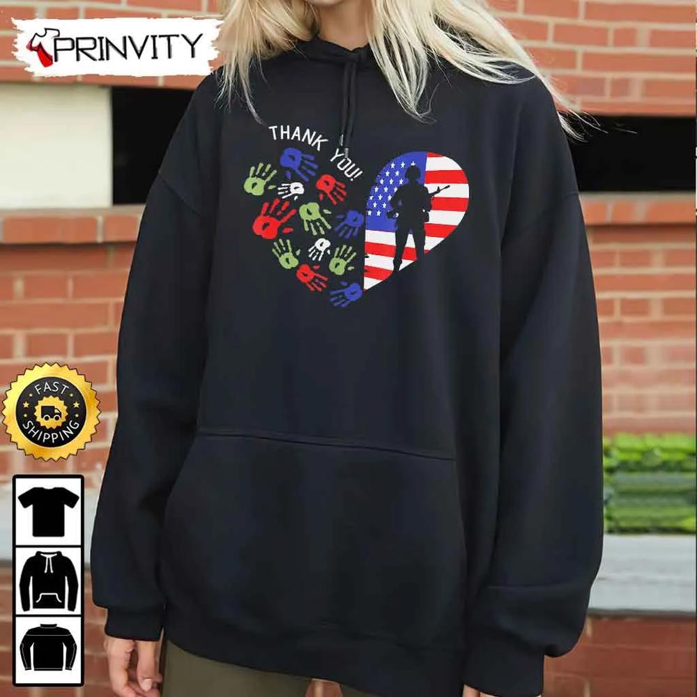 Thank You Veterans Day American Flag Heart Military Army Hoodie, 4Th Of July, Thank You For Your Service Patriotic Veterans Day, Unisex Sweatshirt, T-Shirt - Prinvity