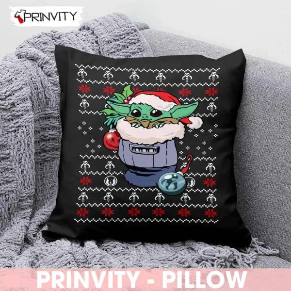 Baby Yoda Merry Christmas Pillow, Best Christmas Gifts 2022, Happy Holidays, Size 14”x14”, 16”x16”, 18”x18”, 20”x20” – Prinvity