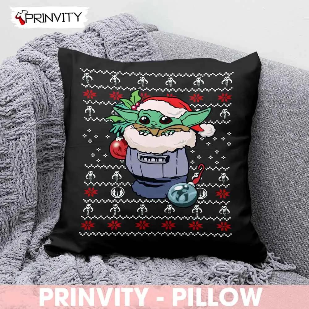 Baby Yoda Merry Christmas Pillow, Best Christmas Gifts 2022, Happy Holidays, Size 14”x14”, 16”x16”, 18”x18”, 20”x20” - Prinvity